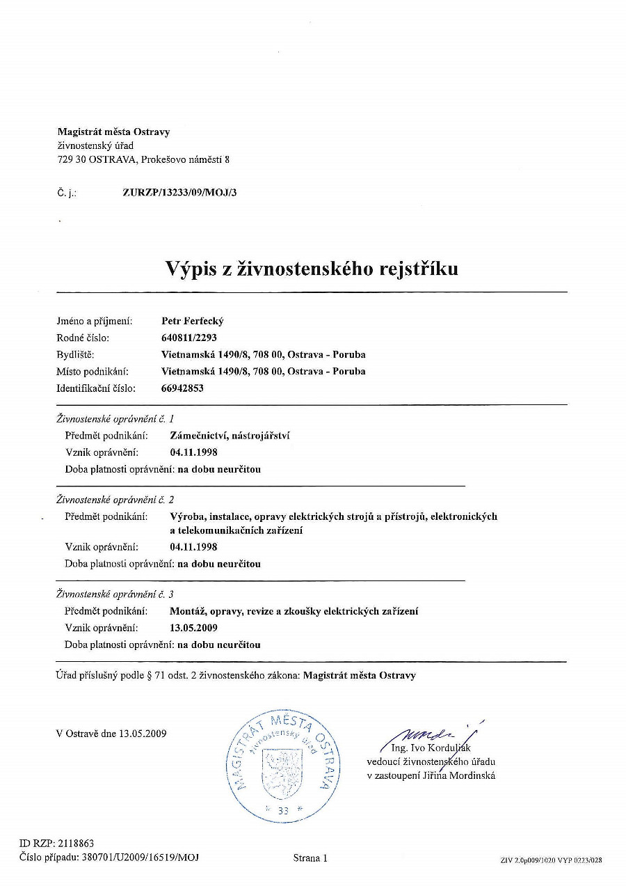 výpis z živnostenského rejstřiku